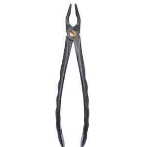 black coated dental extraction forceps with serrated beak for enhanced grip control