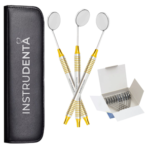 gold dental mirror handle 3 pack with 12 mirrors arranged for dental use