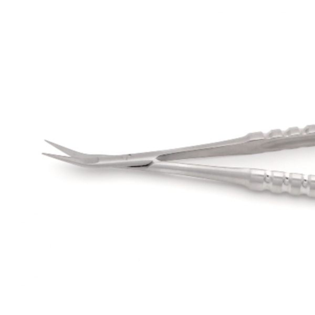 Side view of 16cm Knee-Bent Castroviejo Microsurgery Scissors – precision stainless steel instrument with ergonomic curve and serrated blade.