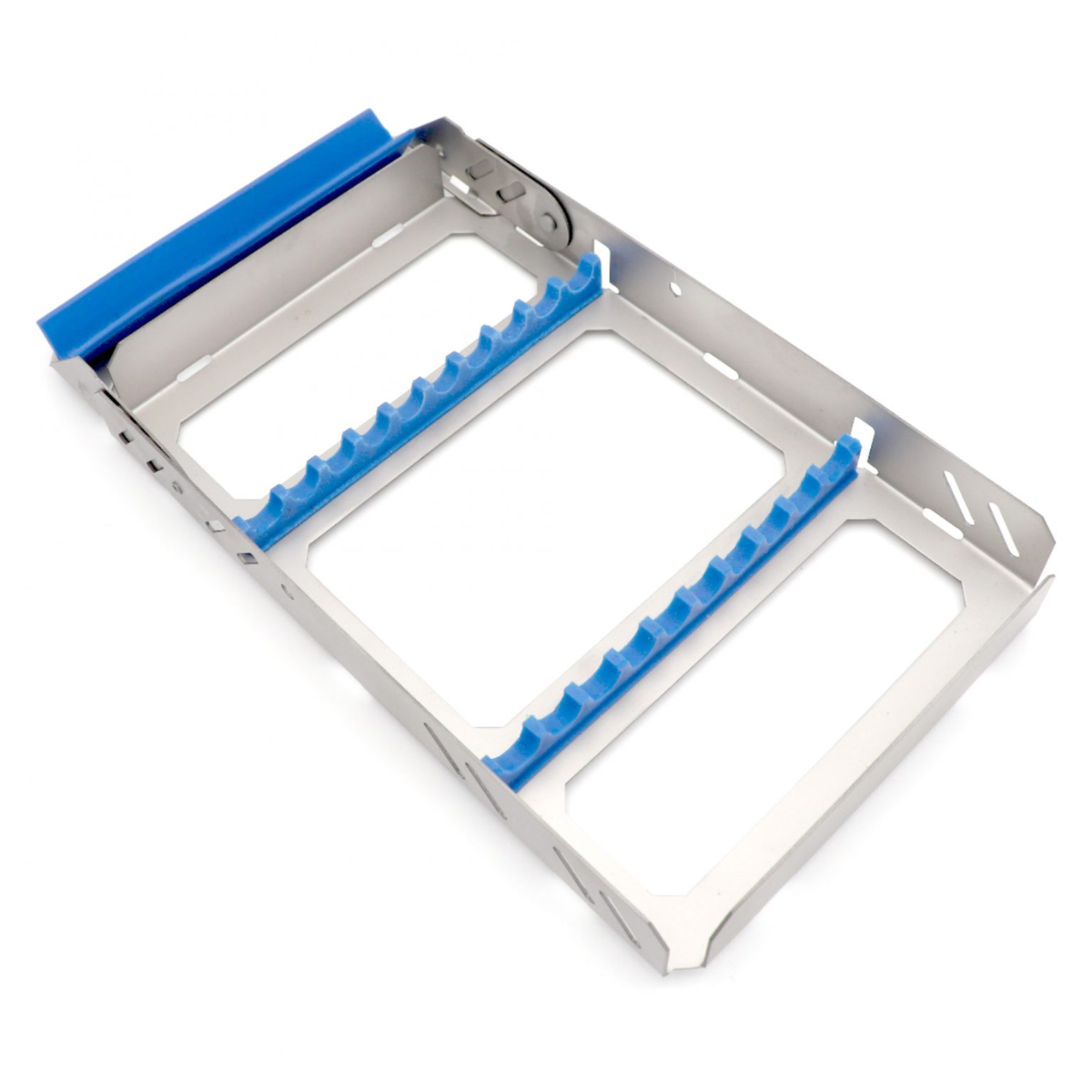 10-piece stainless steel dental instruments cassette box sterilization and storage tray with blue silicone rails