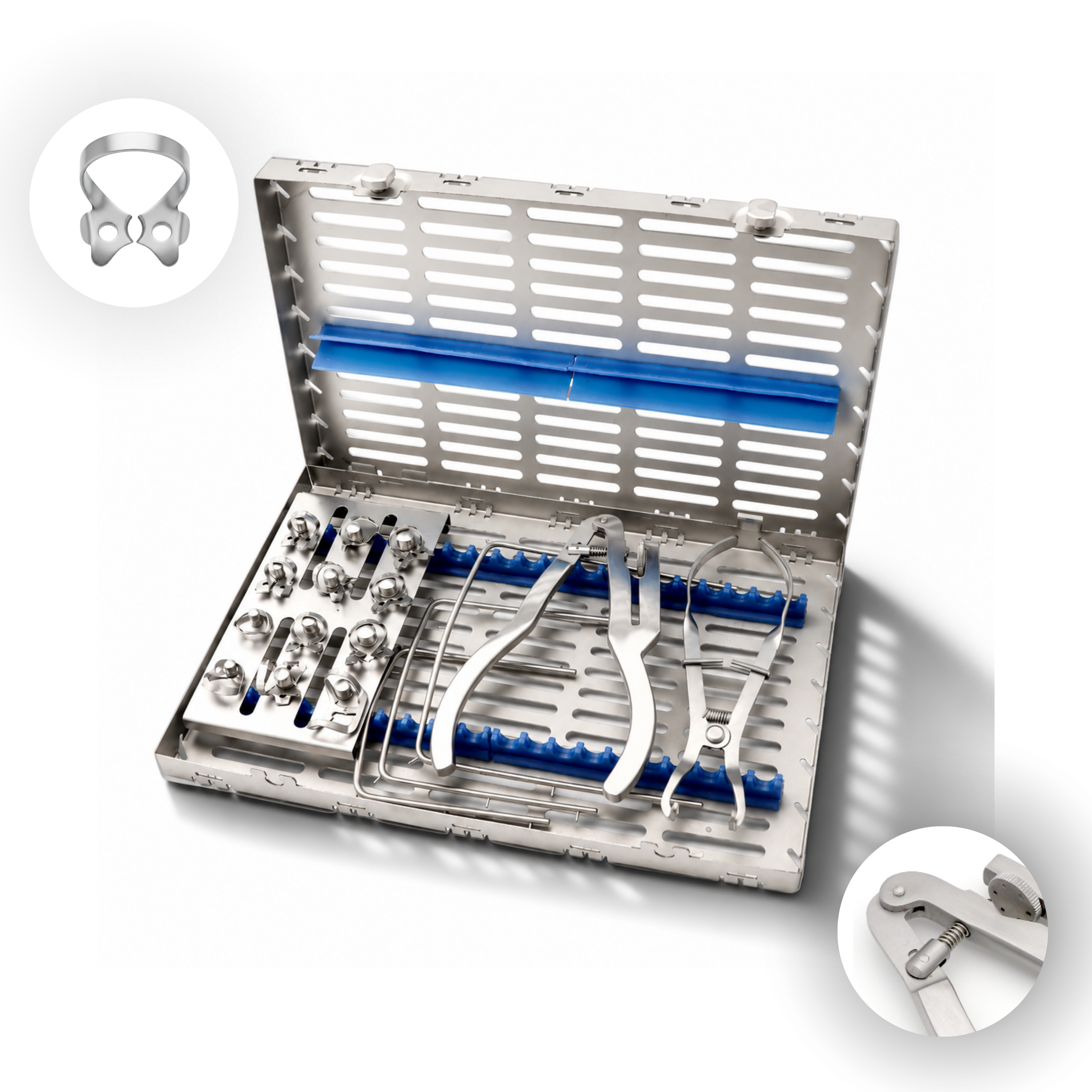 Stainless steel dental rubber dam kit with clamps and professional isolation instruments.
