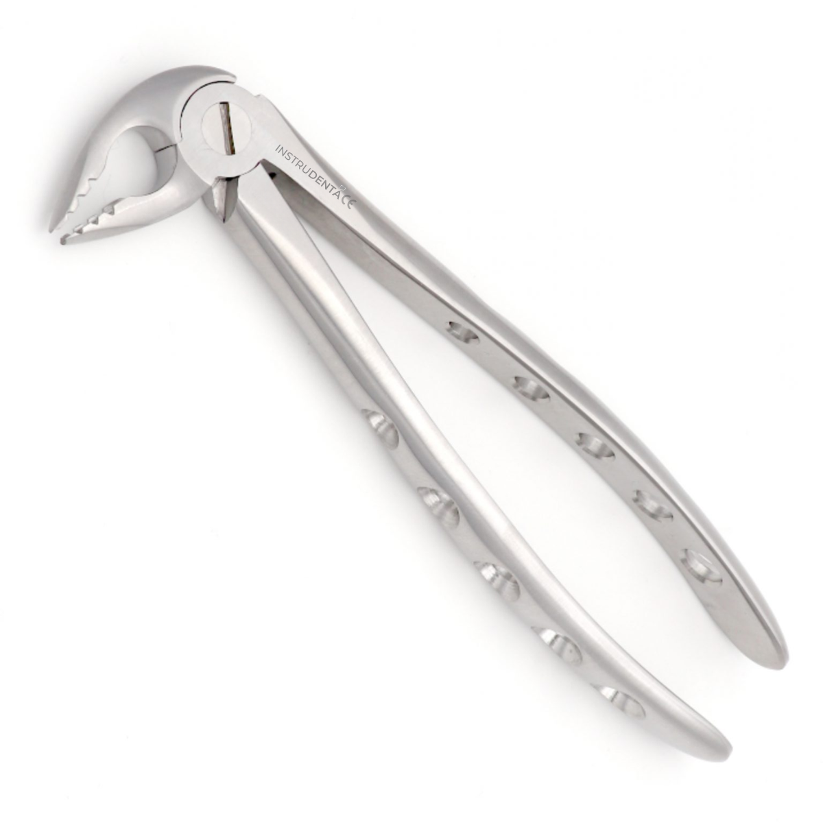 atraumatic dental extraction forceps with curved profile for natural tooth alignment