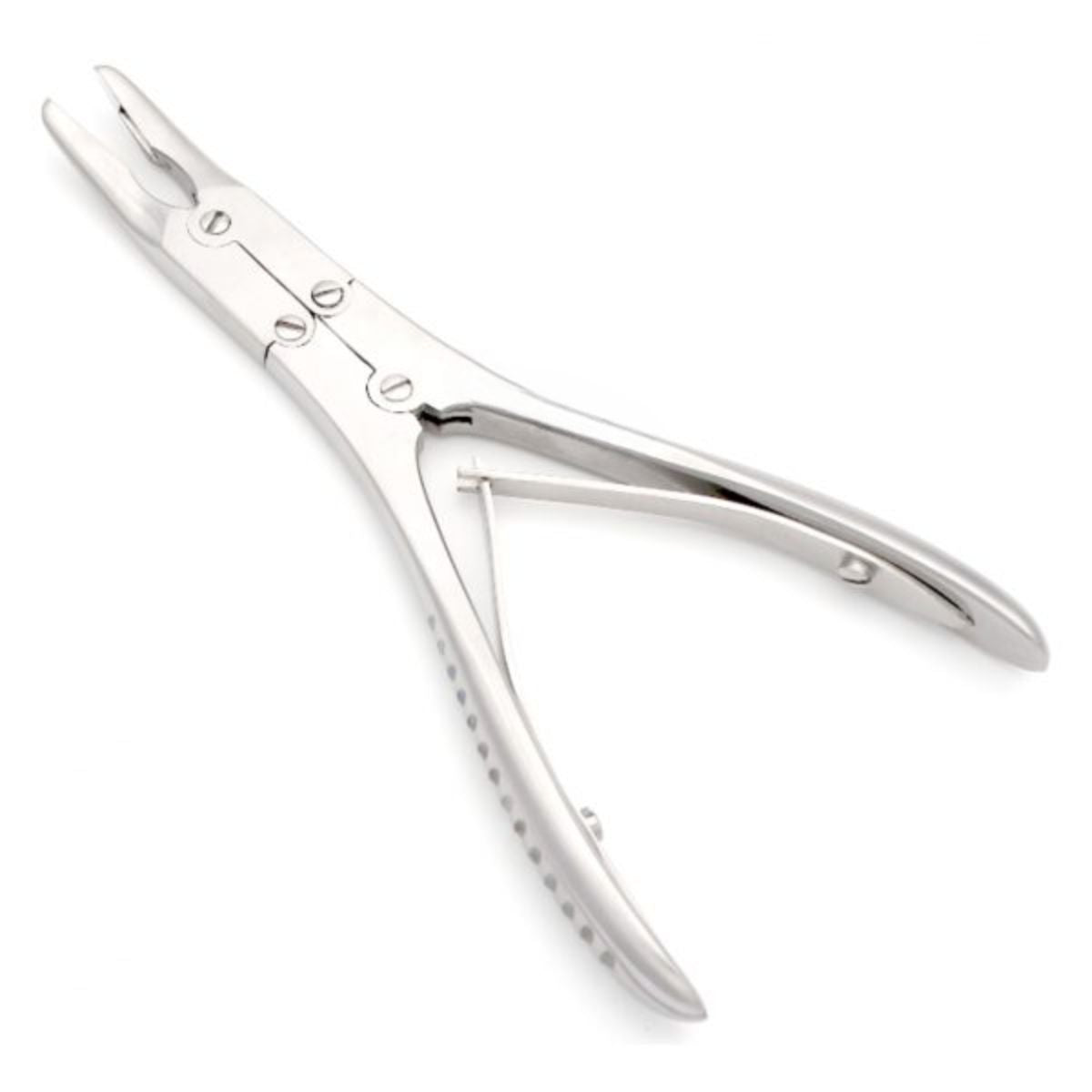 Ruskin Mini Bone Rongeur, double action, 15° angled jaws, 15cm – compact stainless steel surgical instrument for precise bone trimming.