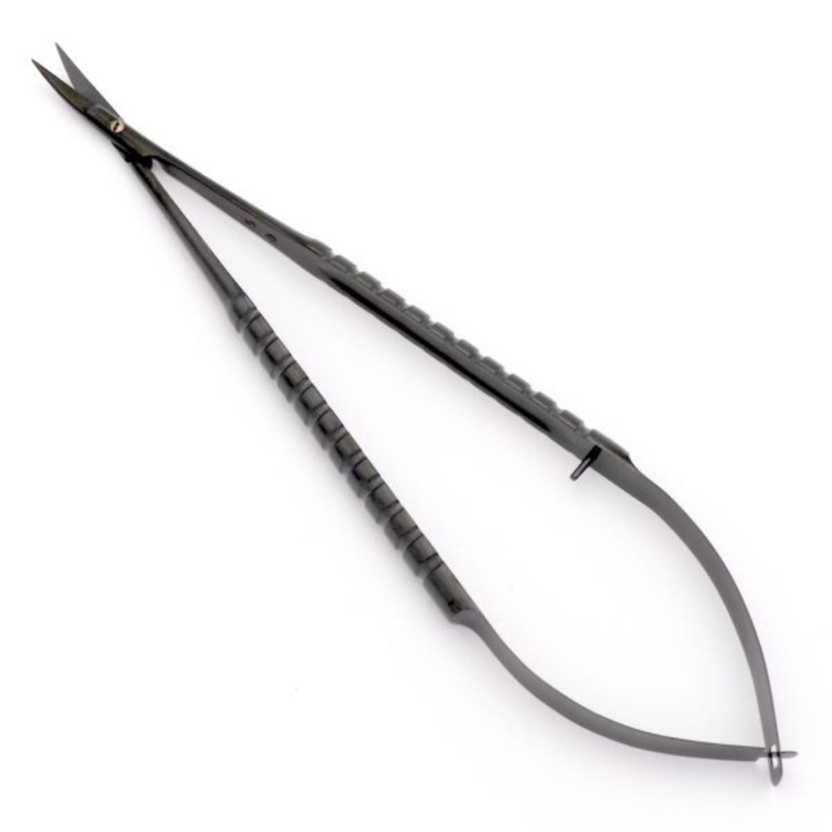 Castroviejo Microsurgery Scissors, 18cm – curved design with black finish for enhanced precision and reduced glare in microsurgical procedures.