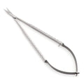 Castroviejo Scissors, curved, 18cm – precision microsurgical scissors with one serrated edge for controlled cutting during delicate procedures.