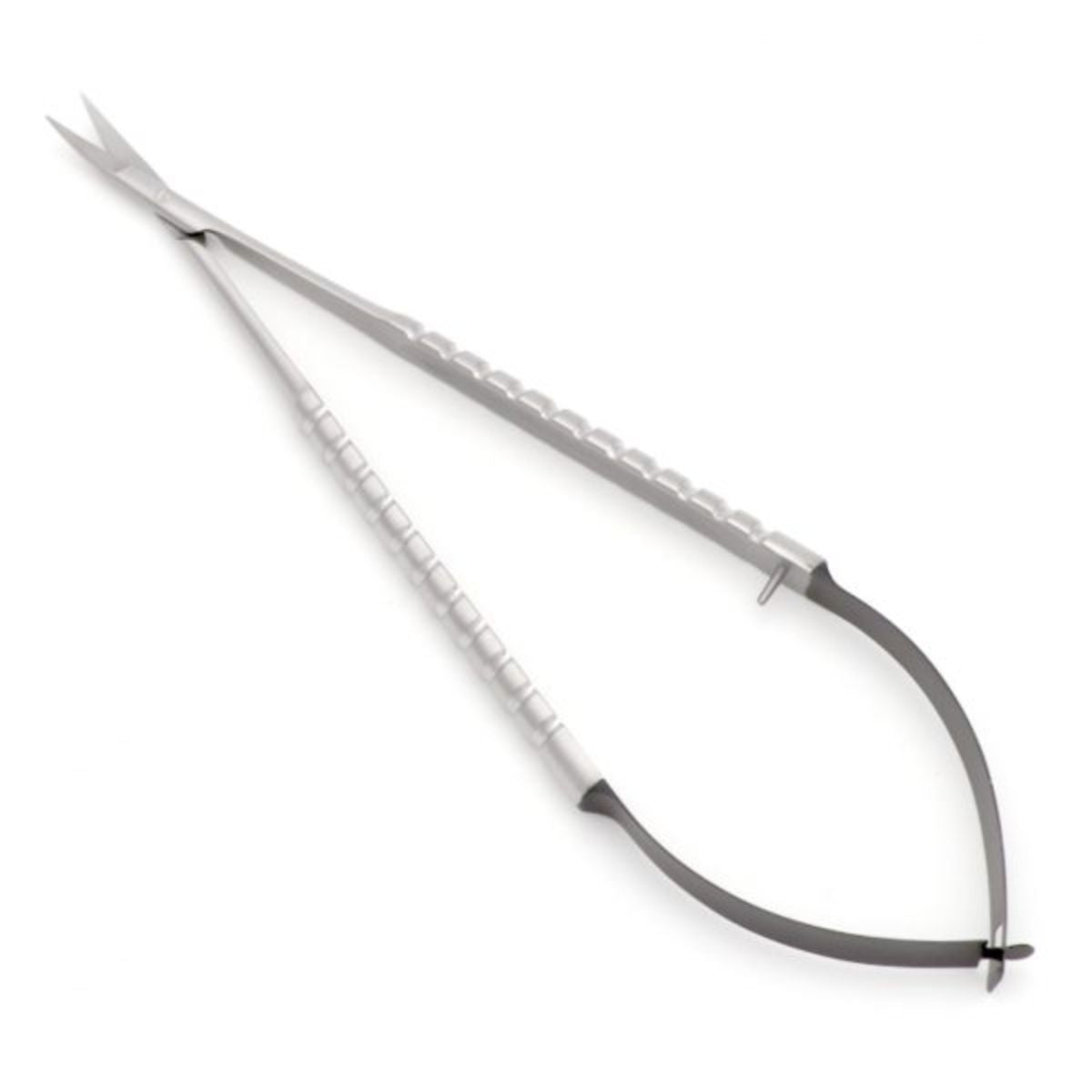Castroviejo Scissors, curved, 18cm – precision microsurgical scissors with one serrated edge for controlled cutting during delicate procedures.