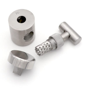 Side view of Compact Dental Bone Mill – surgical tool with secure lid for collecting and preparing bone chips for augmentation.