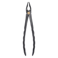 close view of dental forceps showing extended curved jaw for improved stability