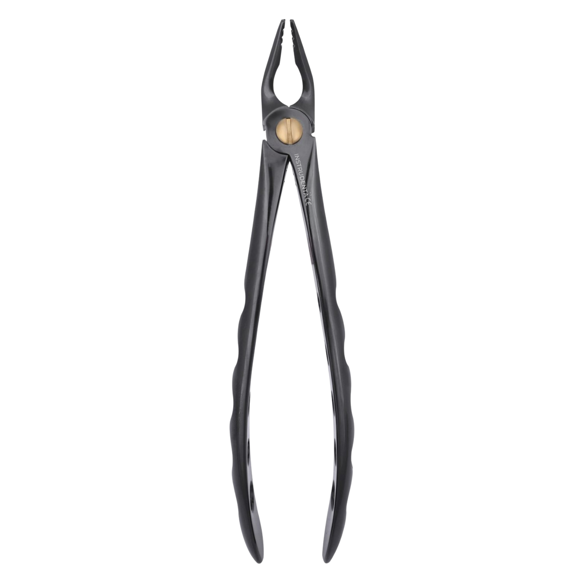 close view of dental forceps showing extended curved jaw for improved stability