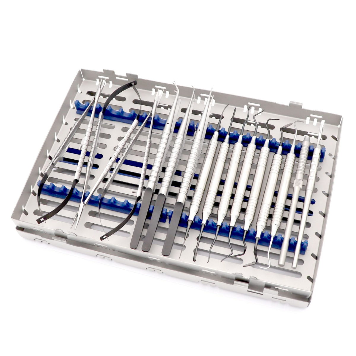 Dental tunneling micro surgical kit set with periodontal tunneling instruments in sterilization tray