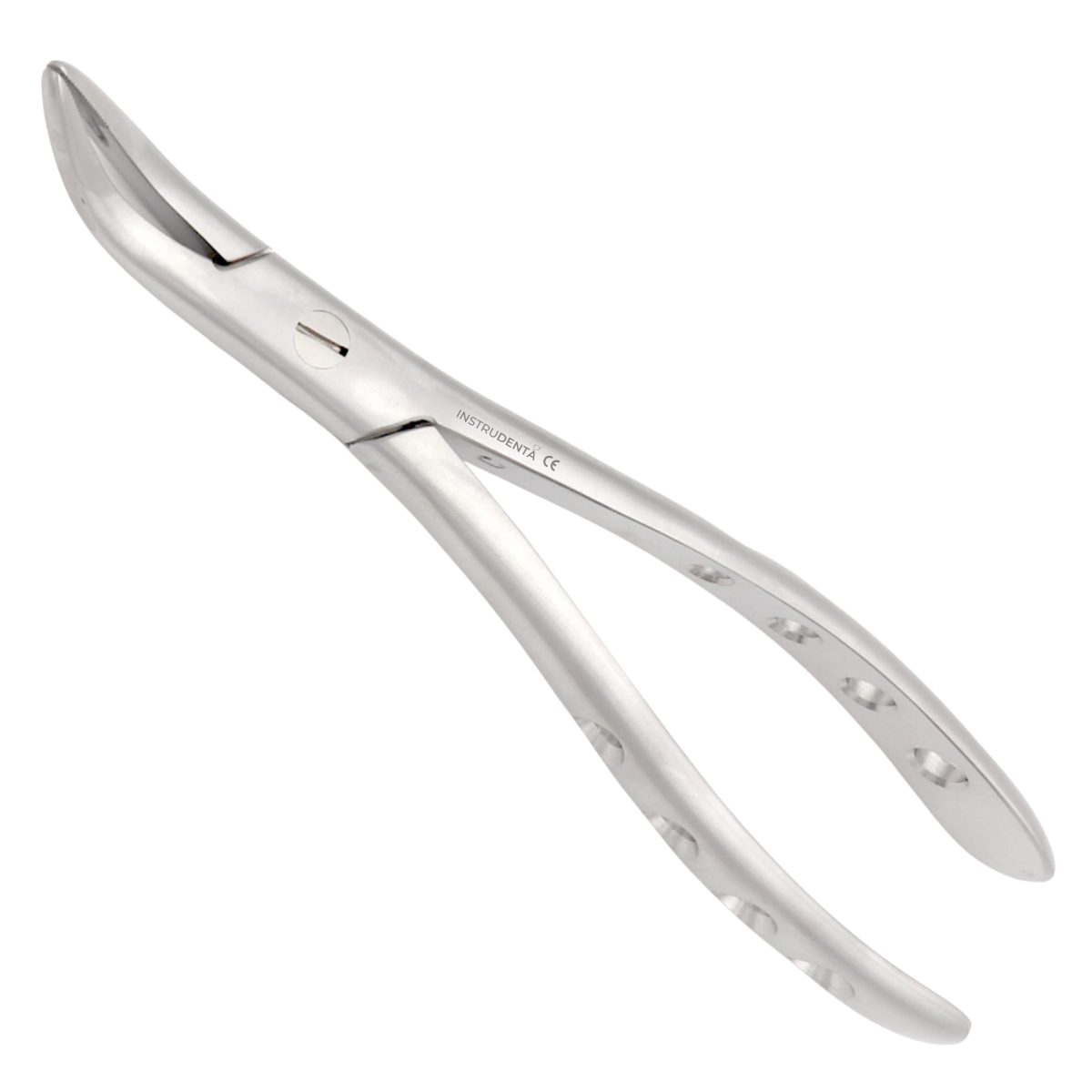 angled root extraction forceps with 45 degree offset designed for accessing retained dental roots