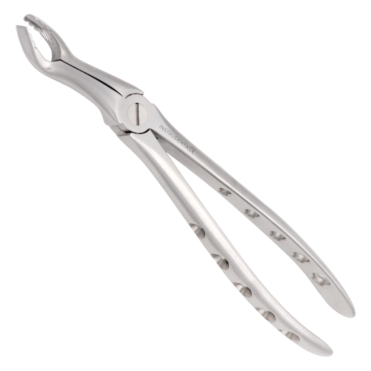 close up of angled pattern forceps showing optimized access design for tooth removal