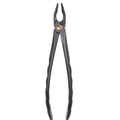 black coated dental extraction forceps with serrated beak for enhanced grip control