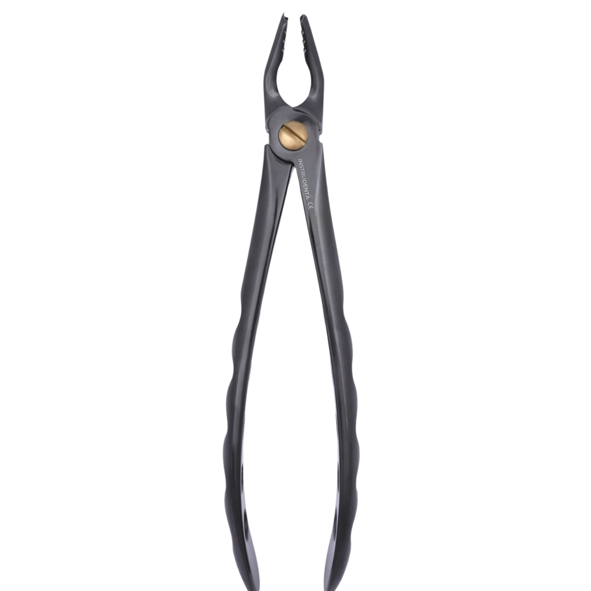 black coated dental extraction forceps with serrated beak for enhanced grip control
