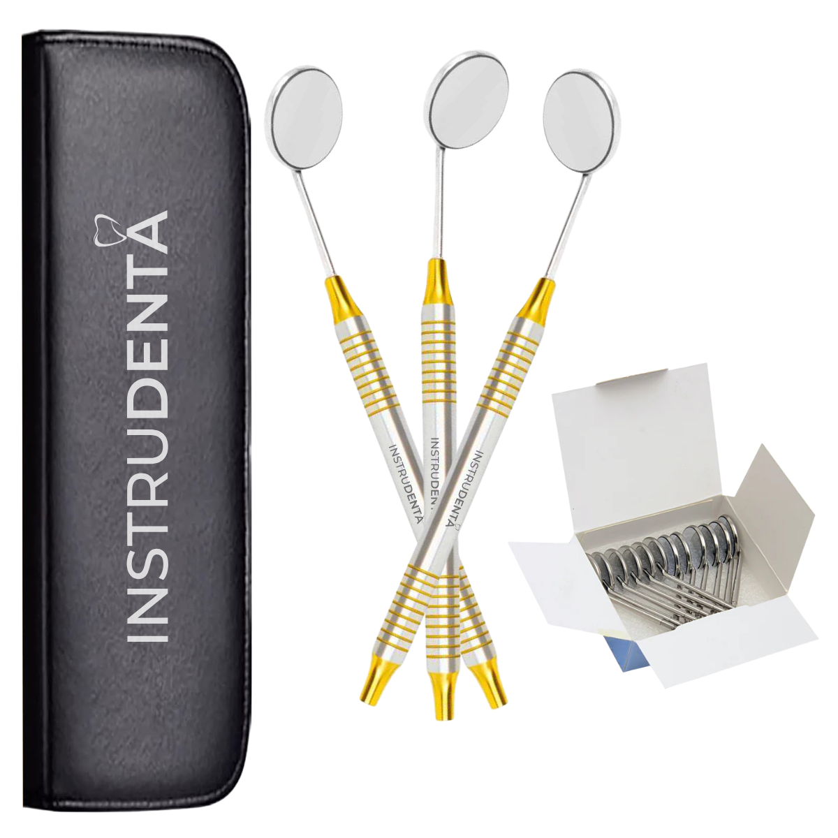 gold dental mirror handle 3 pack with 12 mirrors arranged for dental use
