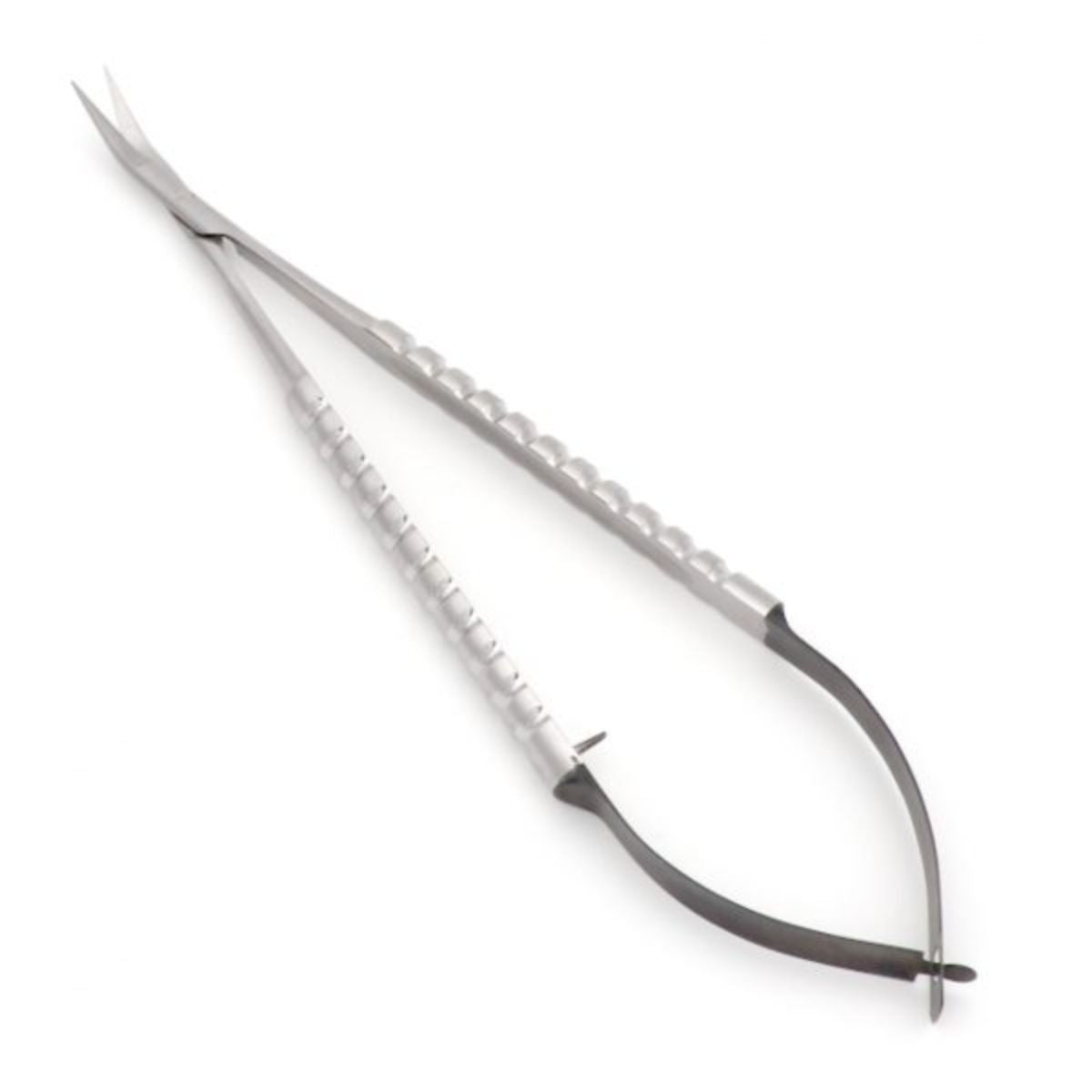 Knee-Bent Castroviejo Microsurgery Scissors, 16cm – front view with serrated edge for fine and controlled cutting in microsurgical procedures.