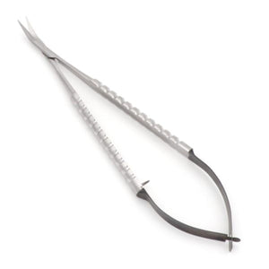 Knee-Bent Castroviejo Microsurgery Scissors, 16cm – front view with serrated edge for fine and controlled cutting in microsurgical procedures.