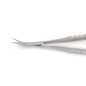 Side view of 16cm Knee-Bent Castroviejo Microsurgery Scissors – precision stainless steel instrument with ergonomic curve and serrated blade.