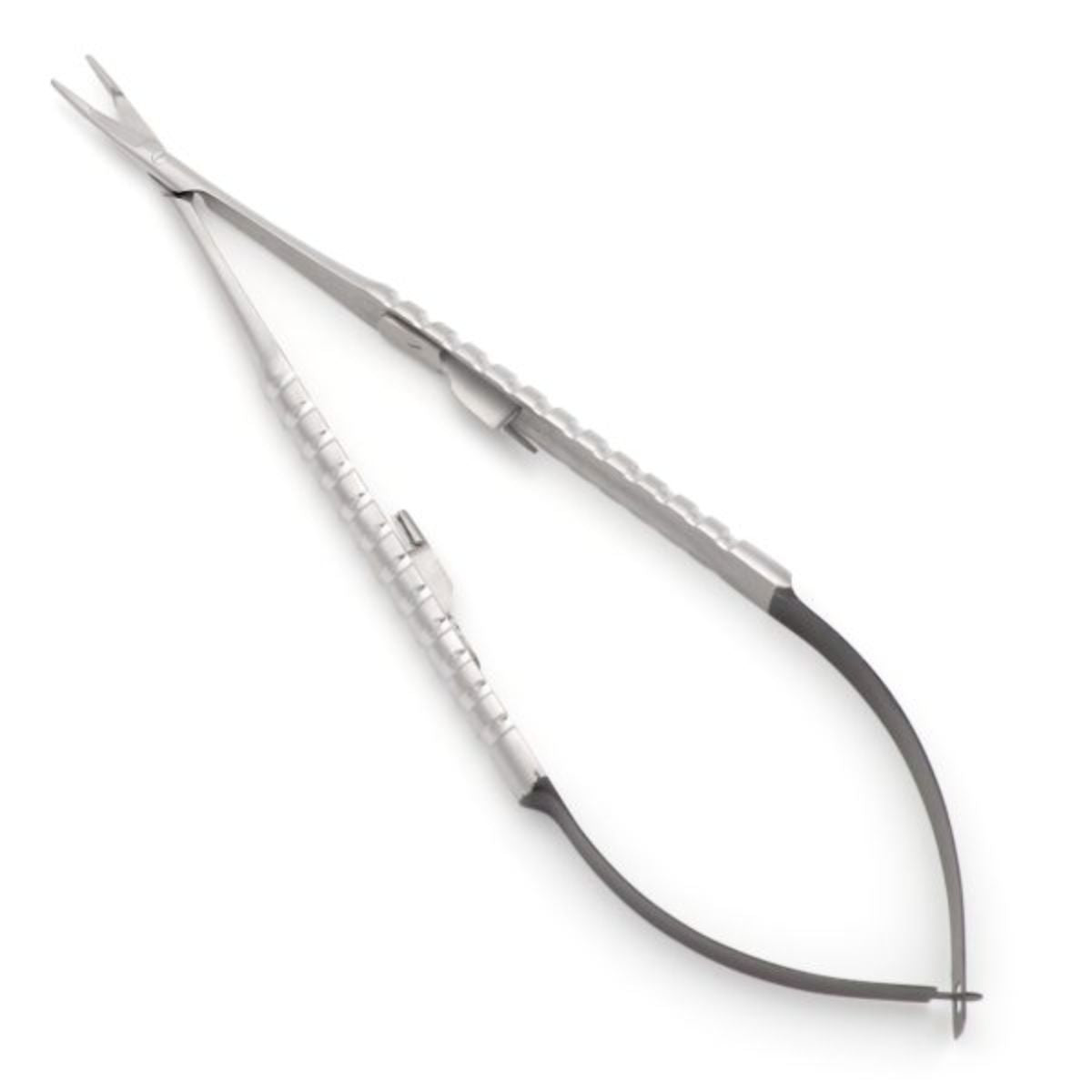 Micro Needle Holder with Scissors, Castroviejo style, 18cm – front view of precision surgical instrument with TC tips for microsuturing.
