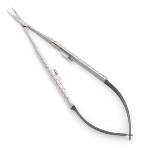 Micro Needle Holder with Scissors, Castroviejo style, 18cm – front view of precision surgical instrument with TC tips for microsuturing.
