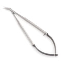 Micro Surgical Scissors, Castroviejo style, angled, 16cm – precision stainless steel instrument for delicate cutting in microsurgical procedures.