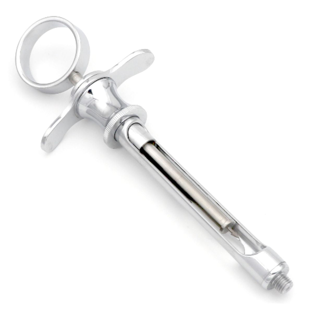 Front angle of Cook-Waite Type Petite Aspirating Syringe, 1.8ml – reusable dental instrument with metric thread design.