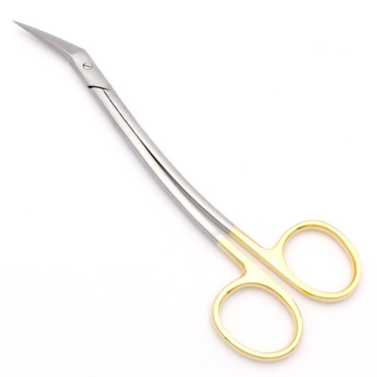 TC Locklin Scissors, curved, 16.5cm – surgical scissors with serrated edge and tungsten carbide inserts for controlled tissue cutting.